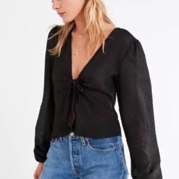 UO Cinnamon Tie-Front Balloon Sleeve Blouse - Picture 1 of 6